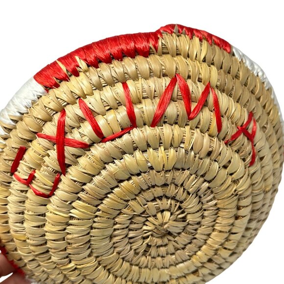 Handwoven Straw Coil Basket Bowl Red White Accents Exuma 9 Inch - Picture 6 of 6